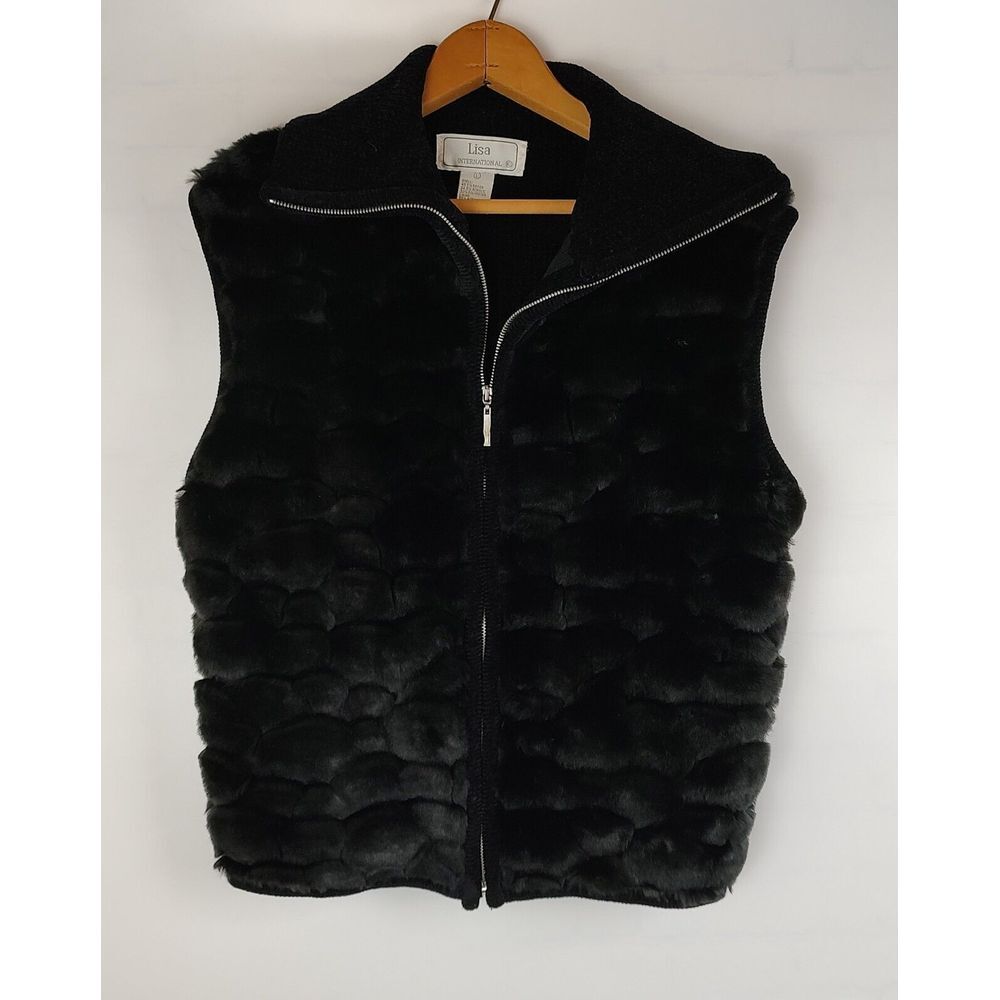 LISA INTERNATIONAL Women's Black Faux Fur Vest Size L Zip Up Very Soft